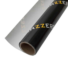 Brazzers Black Gift Wrapping Paper with Brazzers logo all over it written in white and yellow (ZZ) lettering. Pictured is a close-up of a roll of wrapping paper with the "AZZERS" portion of the logo visible.